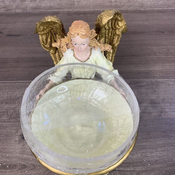VTG Beautiful Angel Candy Bowl Crackle Glass White and Gold on Base - Picture 6 of 11